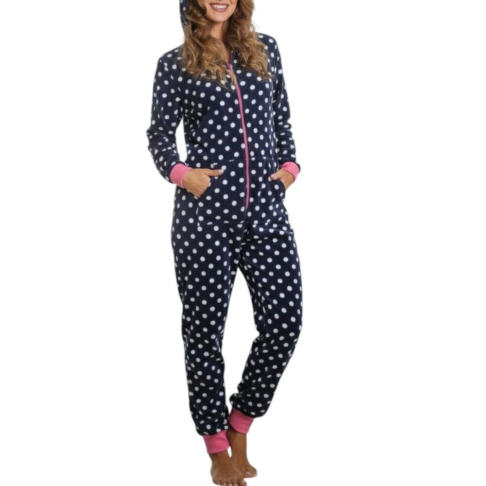 Women’s Navy Polka Dot Hooded One-PC Cozy Fleece Pajamas – Lounge-Ready S/M
